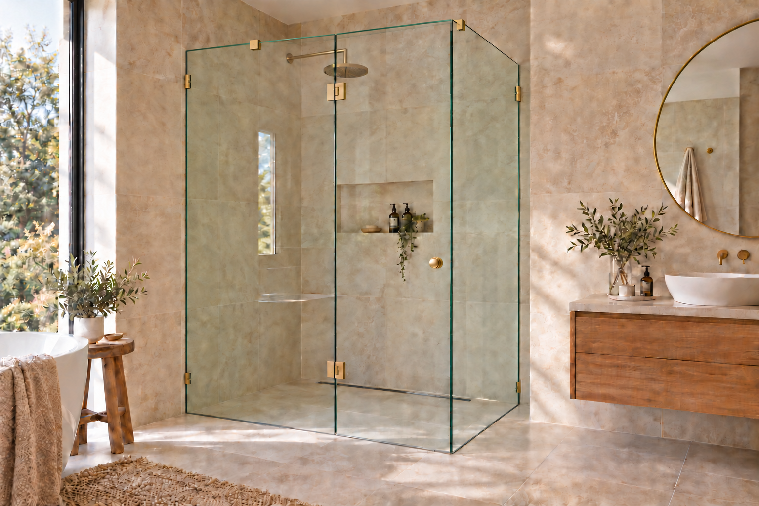Frameless corner shower in a warm stone bathroom